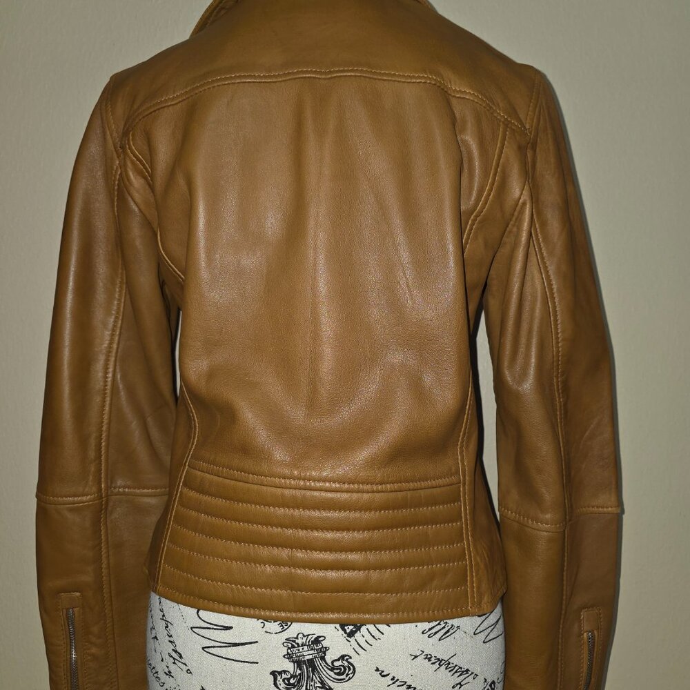 Spanish Genuine Sheep Leather Double Zip Moto Biker Jacket Brown - Picture 5 of 6